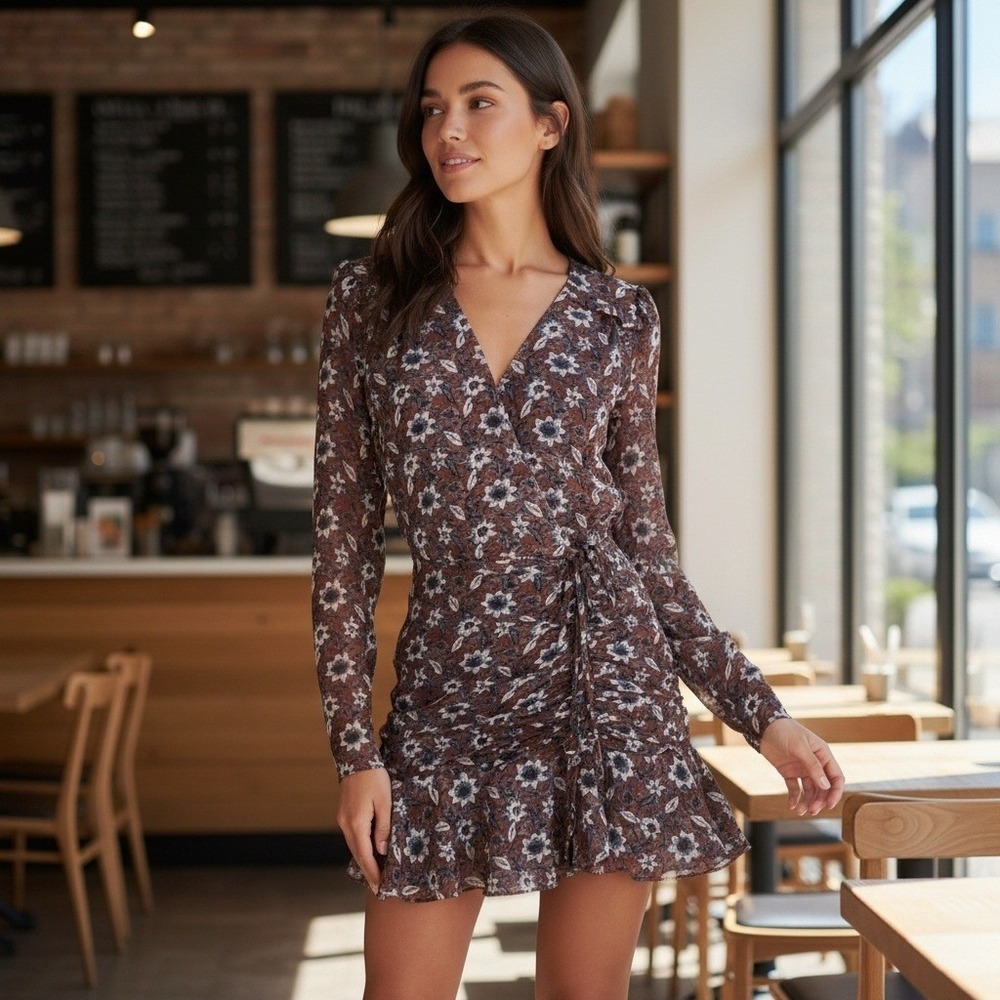 Veronica Beard Anjali Silk Floral Wrap Mini Dress‎ Women's Size 4 Long Sleeve
